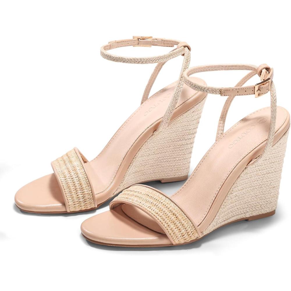 image:imageCoutgo Womens Wedges Heels Sandals Espadrilles Raffia Open Toe Ankle Strap Straw Summer Beach ShoesRaffia Khaki