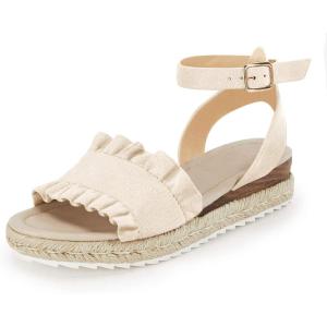 Coutgo Girls Espadrille Platform Sandals Ruffle Open Toe Ankle Buckle Strap Wedge Casual Summer Shoes for Kids Toddlers(Beige)
