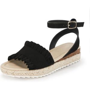Coutgo Girls Espadrille Platform Sandals Ruffle Open Toe Ankle Buckle Strap Wedge Casual Summer Shoes for Kids Toddlers(Black)