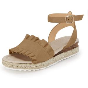 Coutgo Girls Espadrille Platform Sandals Ruffle Open Toe Ankle Buckle Strap Wedge Casual Summer Shoes for Kids Toddlers(Khaki)