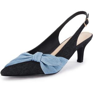 Coutgo Womens Bow Heels Slingback Pumps Low Kitten Heels Closed Pointed Toe Sandals Denim Dress Shoes(Black)