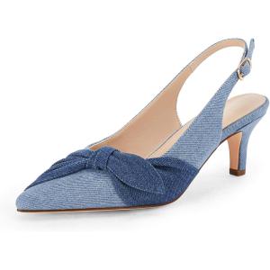 Coutgo Womens Bow Heels Slingback Pumps Low Kitten Heels Closed Pointed Toe Sandals Denim Dress Shoes(Jean Blue)
