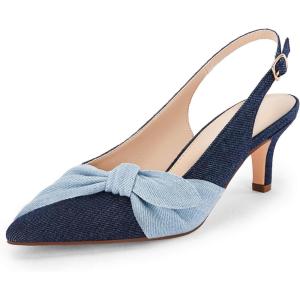 Coutgo Womens Bow Heels Slingback Pumps Low Kitten Heels Closed Pointed Toe Sandals Denim Dress Shoes(Navy)