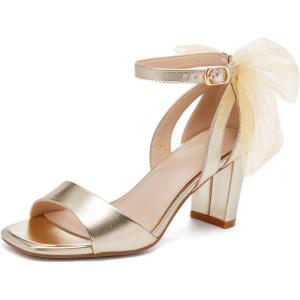 Coutgo Women’s Bow Tie Heeled Sandals Chunky Heels One Strap Satin Ankle Buckle Dress Wedding Shoes(Light Gold)