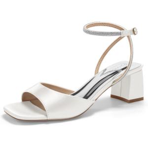 Coutgo Women’s Chunky Low Heels Square Toe Sandals(White)