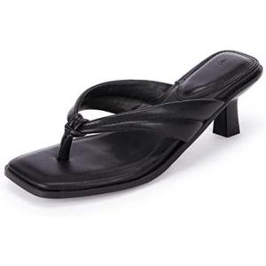 Coutgo Womens Kitten Heel Thong Sandals Flip Flops Slip On Square Open Toe Slippers Low Stacked Heeled Mules(Black)