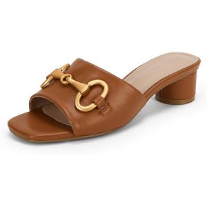Coutgo Women’s Low Square Open Toe Kitten Heel Chain Slide Sandals(Brown)
