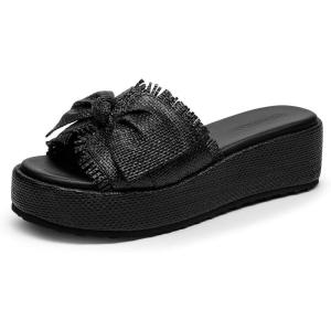 Coutgo Womens Platform Wedge Sandals Bow Open Toe Slide Sandals Straw Slip On Summer Beach Shoes(Black)