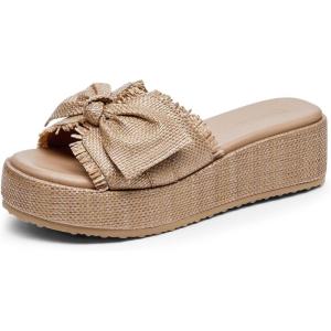 Coutgo Womens Platform Wedge Sandals Bow Open Toe Slide Sandals Straw Slip On Summer Beach Shoes(Light Coffee)