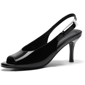 Coutgo Womens Slingback High Heels Open Peep Toe Mesh Sandals Buckle Wedding Party Dress Shoes(Black Patent Leather)