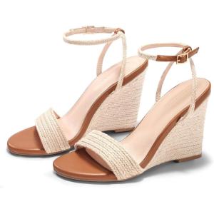 Coutgo Womens Wedges Heels Sandals Espadrilles Raffia Open Toe Ankle Strap Straw Summer Beach Shoes(Braided Beige)