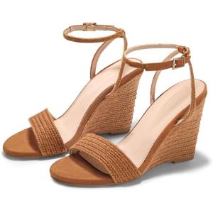 Coutgo Womens Wedges Heels Sandals Espadrilles Raffia Open Toe Ankle Strap Straw Summer Beach Shoes(Braided Brown)
