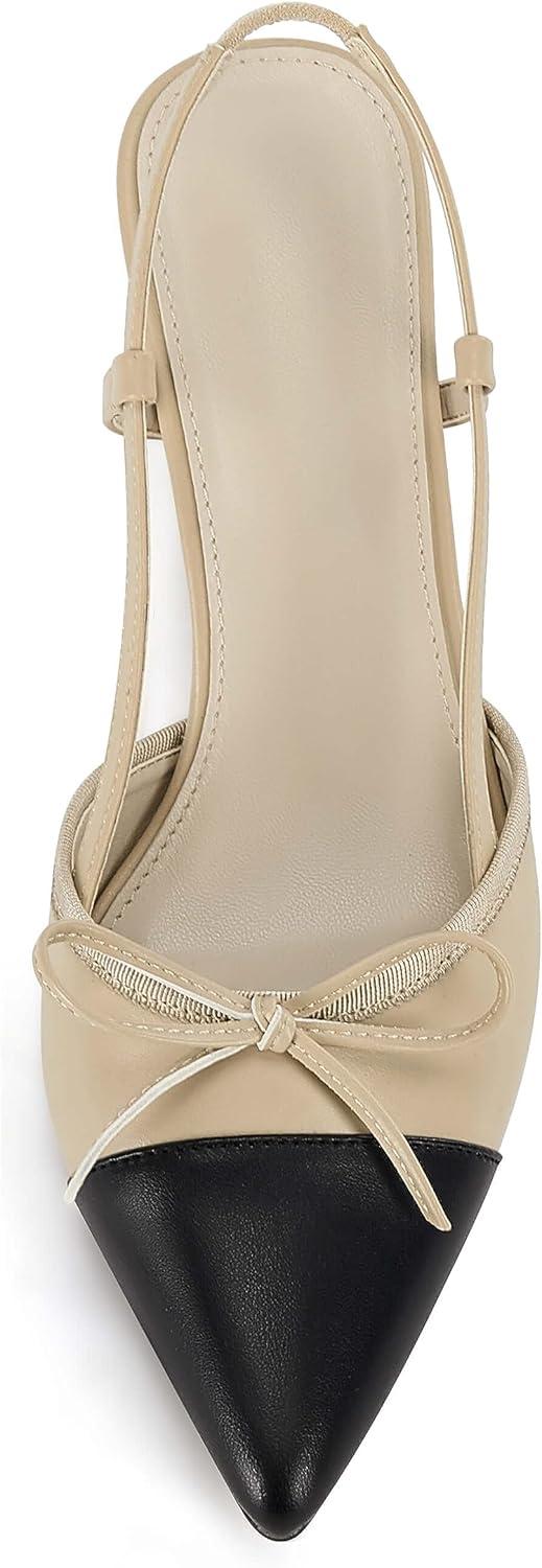 image:imageCoutgo Womens Bow Tie Slingback Pumps Pointed Toe Kitten Low Heel Patchwork Dress Heeled SandalsDark Khaki