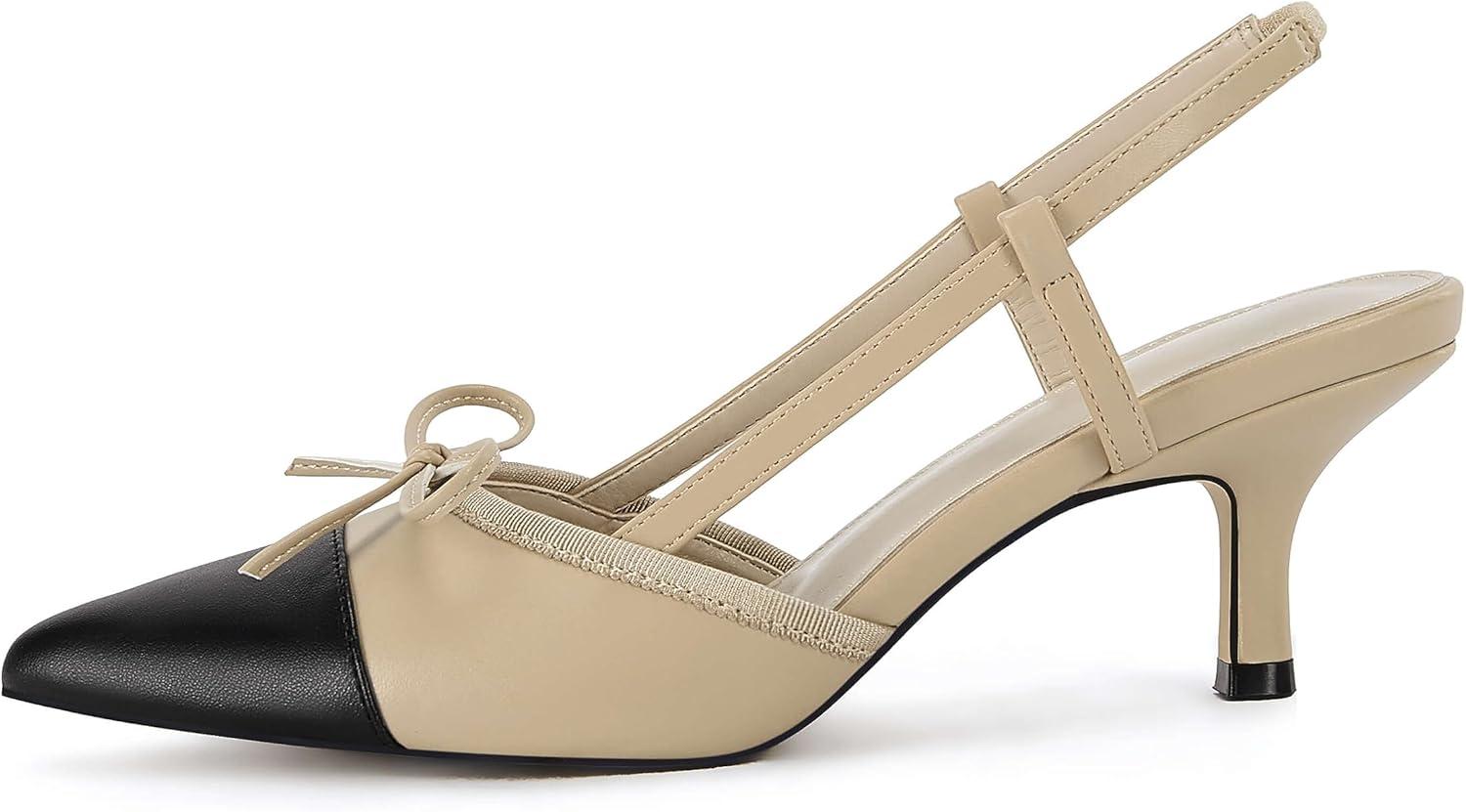 image:imageCoutgo Womens Bow Tie Slingback Pumps Pointed Toe Kitten Low Heel Patchwork Dress Heeled SandalsDark Khaki