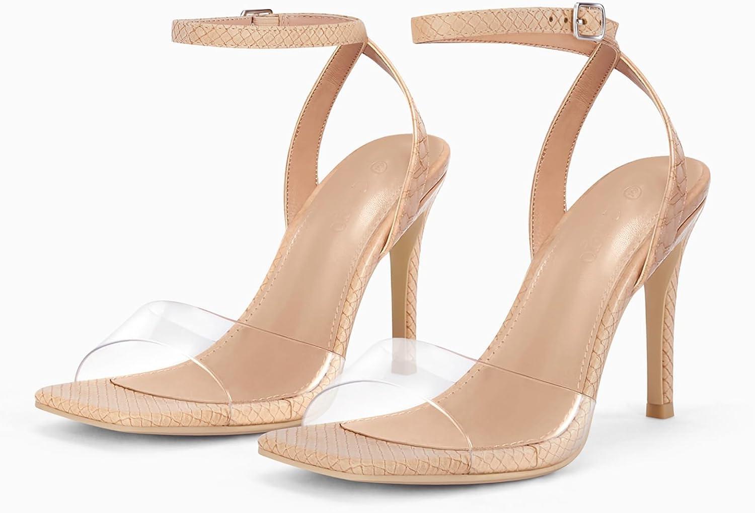 image:imageCoutgo Womens Clear Heels Sandals Square Toe Ankle Strap Sexy High Heeled Stiletto Dress ShoesApricot