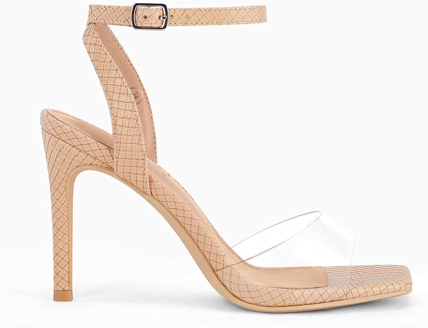 image:imageCoutgo Womens Clear Heels Sandals Square Toe Ankle Strap Sexy High Heeled Stiletto Dress ShoesApricot