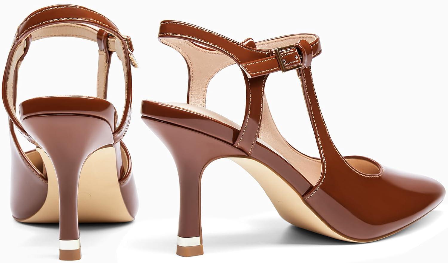 image:imageCoutgo Womens High Heels Pointed Toe Ankle Strap Pumps Patent Leather Sexy Stiletto Office Wedding Dress ShoesBrown