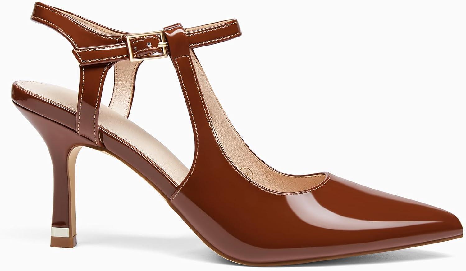 image:imageCoutgo Womens High Heels Pointed Toe Ankle Strap Pumps Patent Leather Sexy Stiletto Office Wedding Dress ShoesBrown