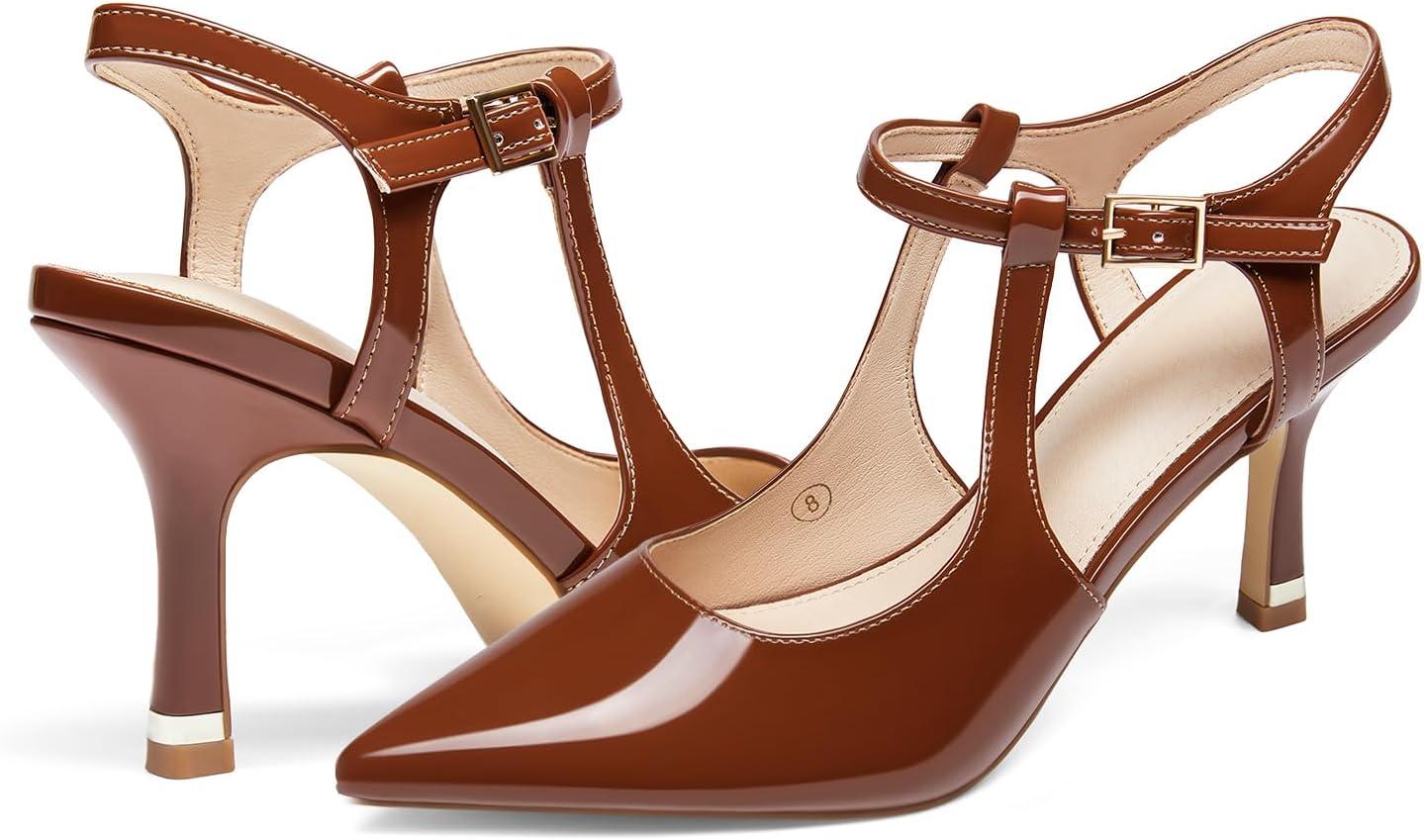 image:imageCoutgo Womens High Heels Pointed Toe Ankle Strap Pumps Patent Leather Sexy Stiletto Office Wedding Dress ShoesBrown