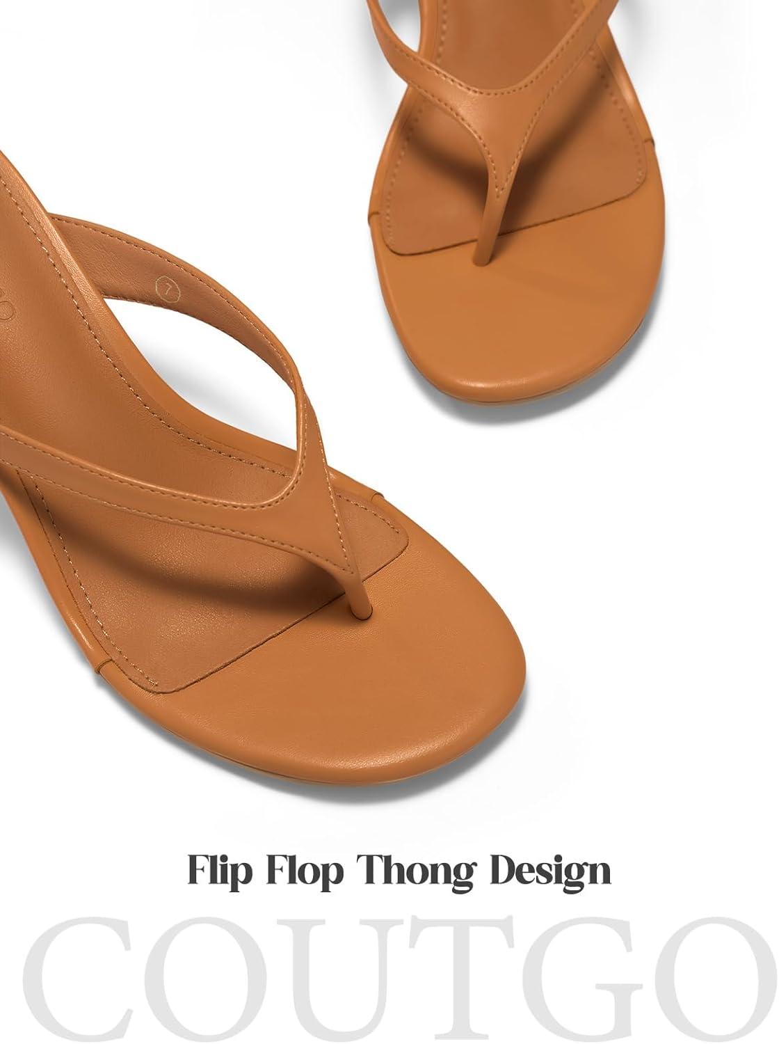 image:imageCoutgo Womens Kitten Low Heels Flip Flop Open Toe Thong Sandals Slides Slip On Summer Beach Dress ShoesBrown