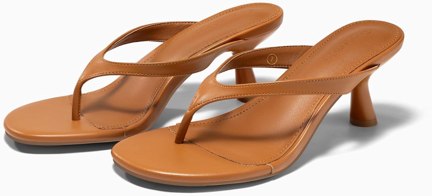image:imageCoutgo Womens Kitten Low Heels Flip Flop Open Toe Thong Sandals Slides Slip On Summer Beach Dress ShoesBrown