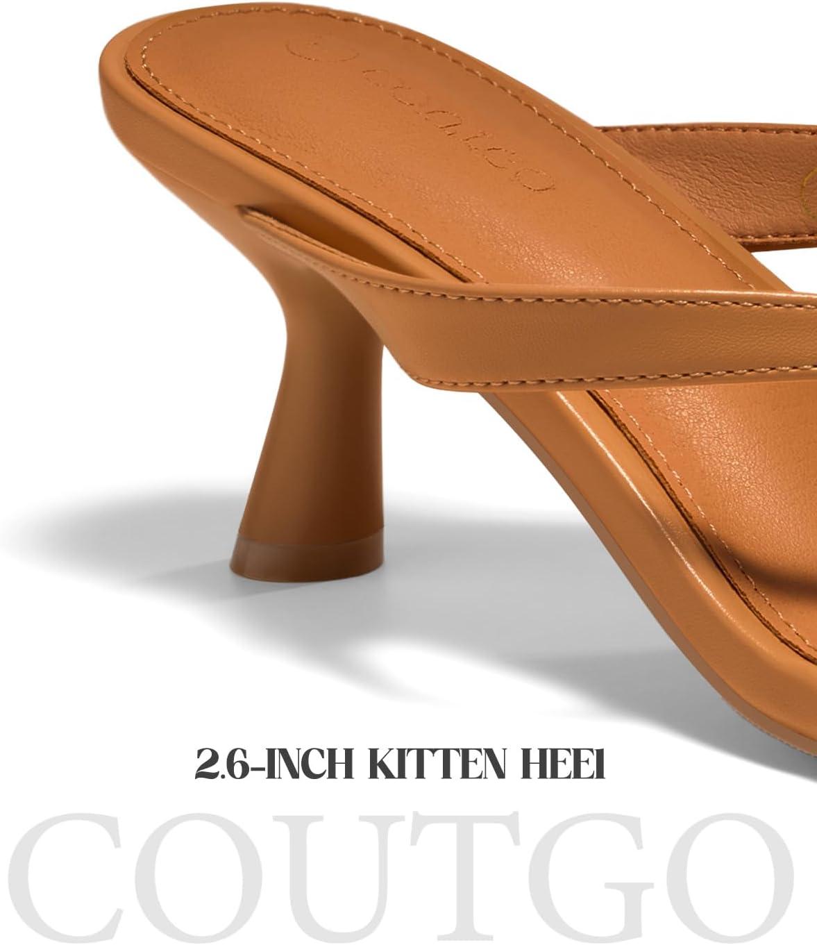 image:imageCoutgo Womens Kitten Low Heels Flip Flop Open Toe Thong Sandals Slides Slip On Summer Beach Dress ShoesBrown