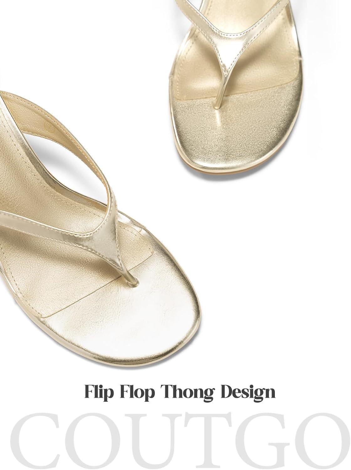 image:imageCoutgo Womens Kitten Low Heels Flip Flop Open Toe Thong Sandals Slides Slip On Summer Beach Dress ShoesGold