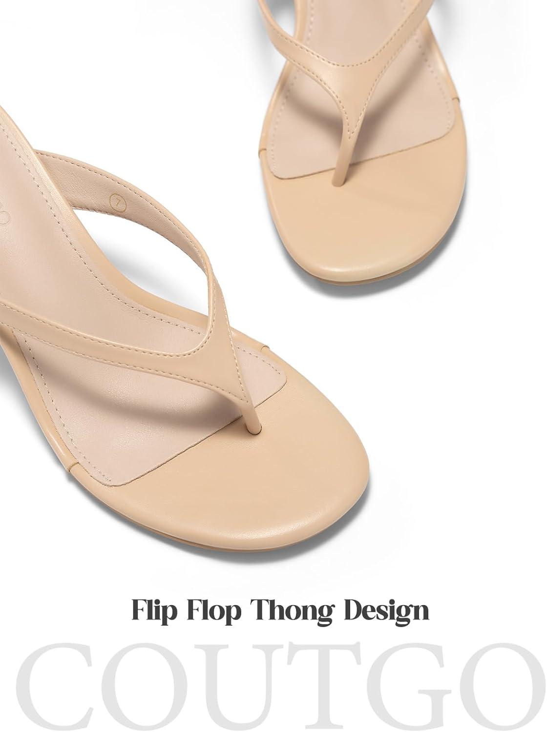 image:imageCoutgo Womens Kitten Low Heels Flip Flop Open Toe Thong Sandals Slides Slip On Summer Beach Dress ShoesNude