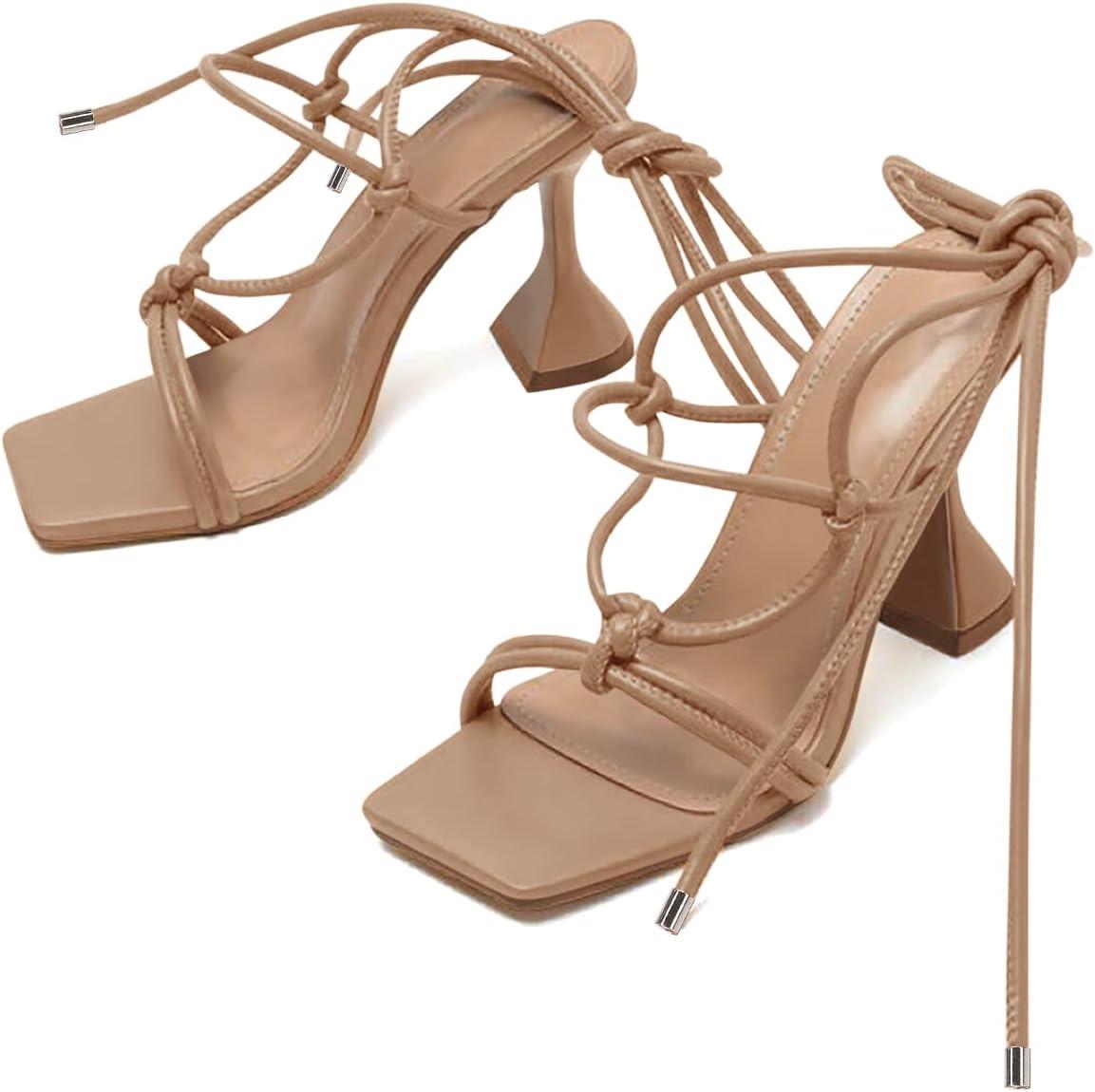 image:imageCoutgo Womens Lace Up Heels Gladiator Square Open Toe Dressy Stilettos Strappy Comfortable Summer Party ShoesApricot