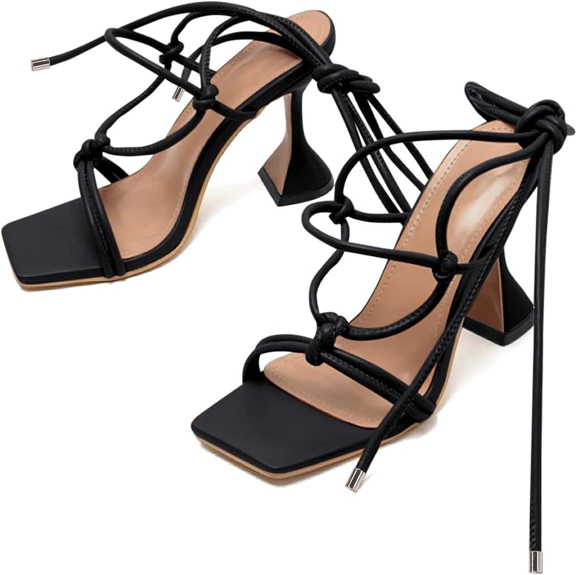 image:imageCoutgo Womens Lace Up Heels Gladiator Square Open Toe Dressy Stilettos Strappy Comfortable Summer Party ShoesBlack