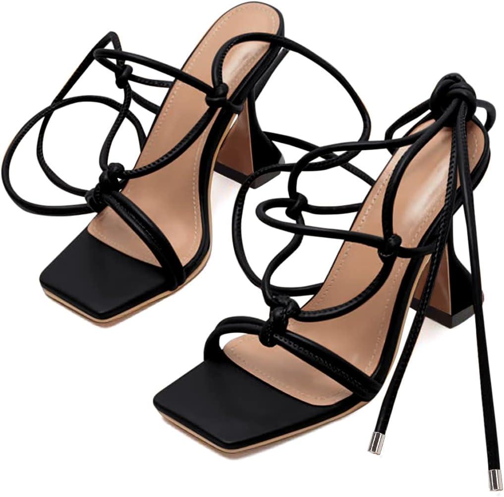 image:imageCoutgo Womens Lace Up Heels Gladiator Square Open Toe Dressy Stilettos Strappy Comfortable Summer Party ShoesBlack