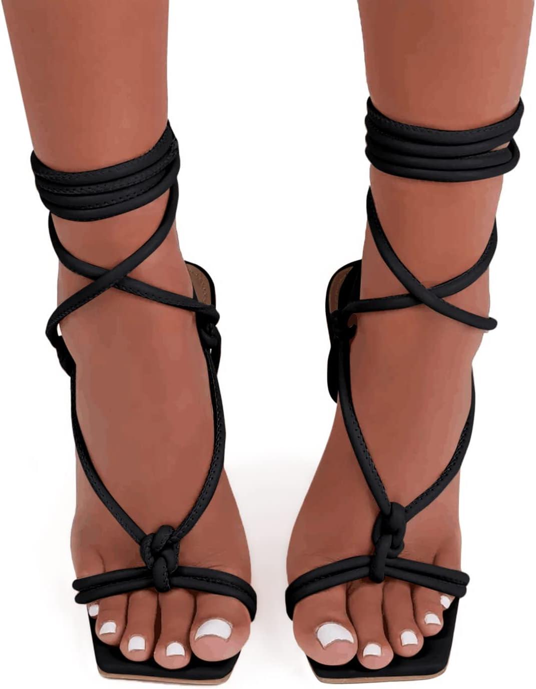 image:imageCoutgo Womens Lace Up Heels Gladiator Square Open Toe Dressy Stilettos Strappy Comfortable Summer Party ShoesBlack
