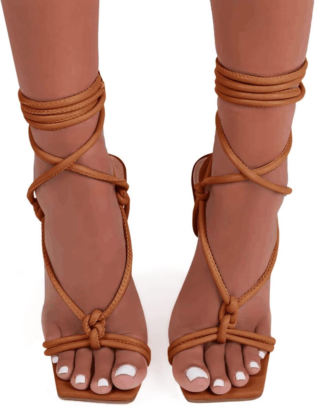 image:imageCoutgo Womens Lace Up Heels Gladiator Square Open Toe Dressy Stilettos Strappy Comfortable Summer Party ShoesBrown