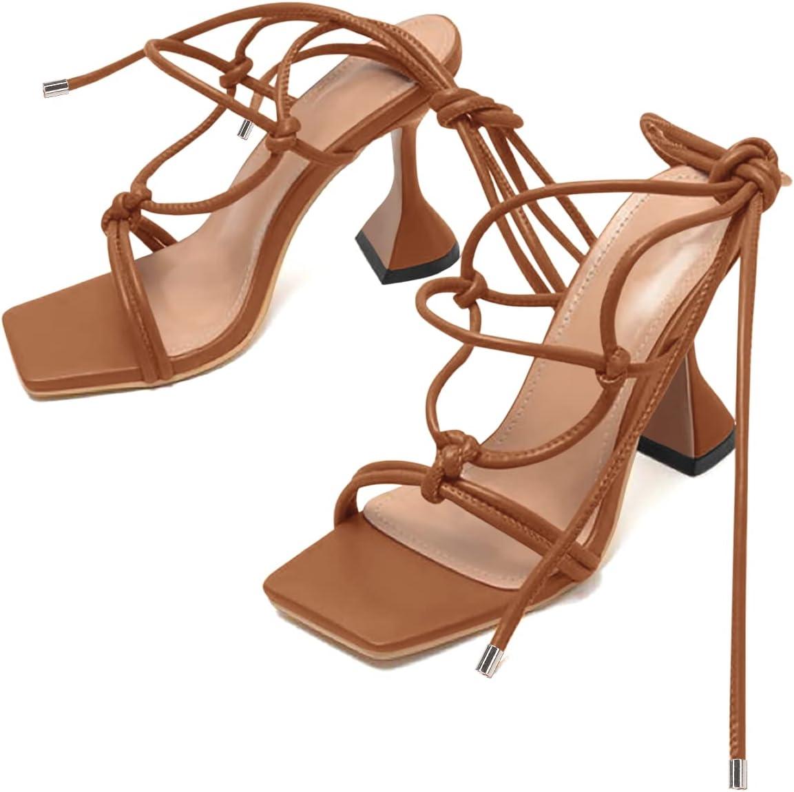 image:imageCoutgo Womens Lace Up Heels Gladiator Square Open Toe Dressy Stilettos Strappy Comfortable Summer Party ShoesBrown