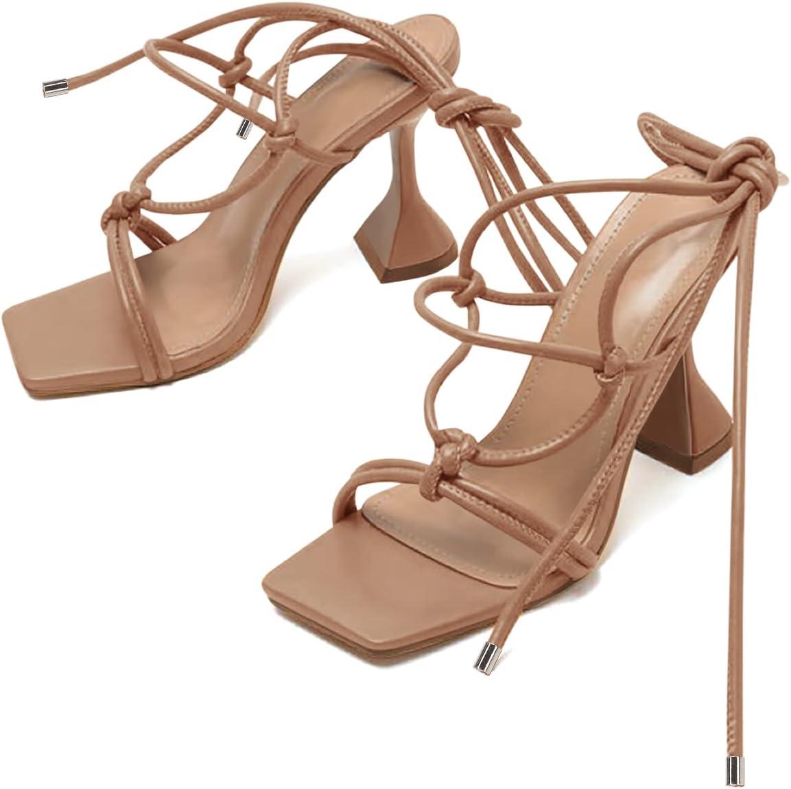image:imageCoutgo Womens Lace Up Heels Gladiator Square Open Toe Dressy Stilettos Strappy Comfortable Summer Party ShoesKhaki