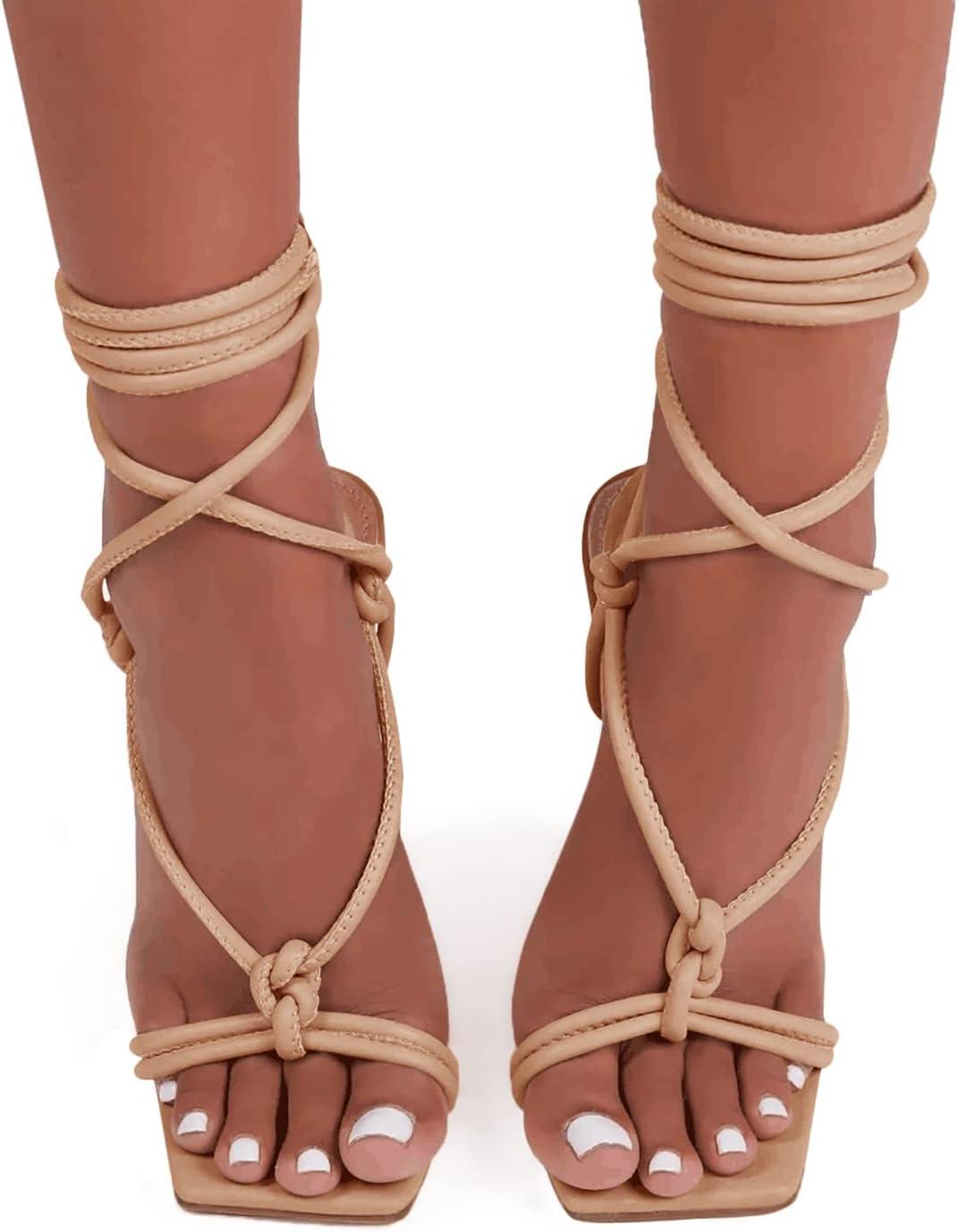 image:imageCoutgo Womens Lace Up Heels Gladiator Square Open Toe Dressy Stilettos Strappy Comfortable Summer Party ShoesKhaki