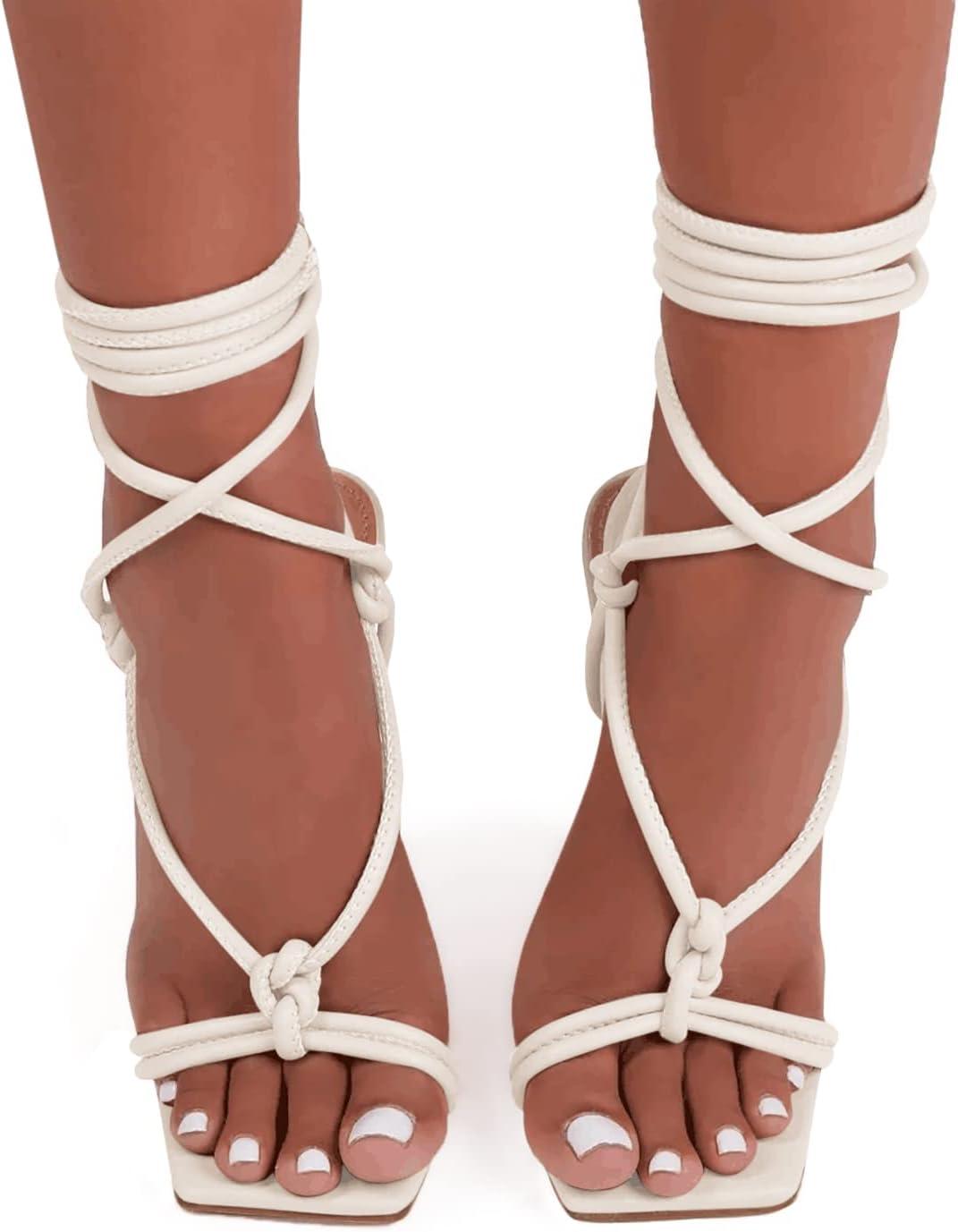 image:imageCoutgo Womens Lace Up Heels Gladiator Square Open Toe Dressy Stilettos Strappy Comfortable Summer Party ShoesWhite