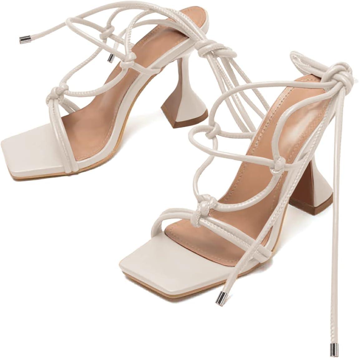 image:imageCoutgo Womens Lace Up Heels Gladiator Square Open Toe Dressy Stilettos Strappy Comfortable Summer Party ShoesWhite