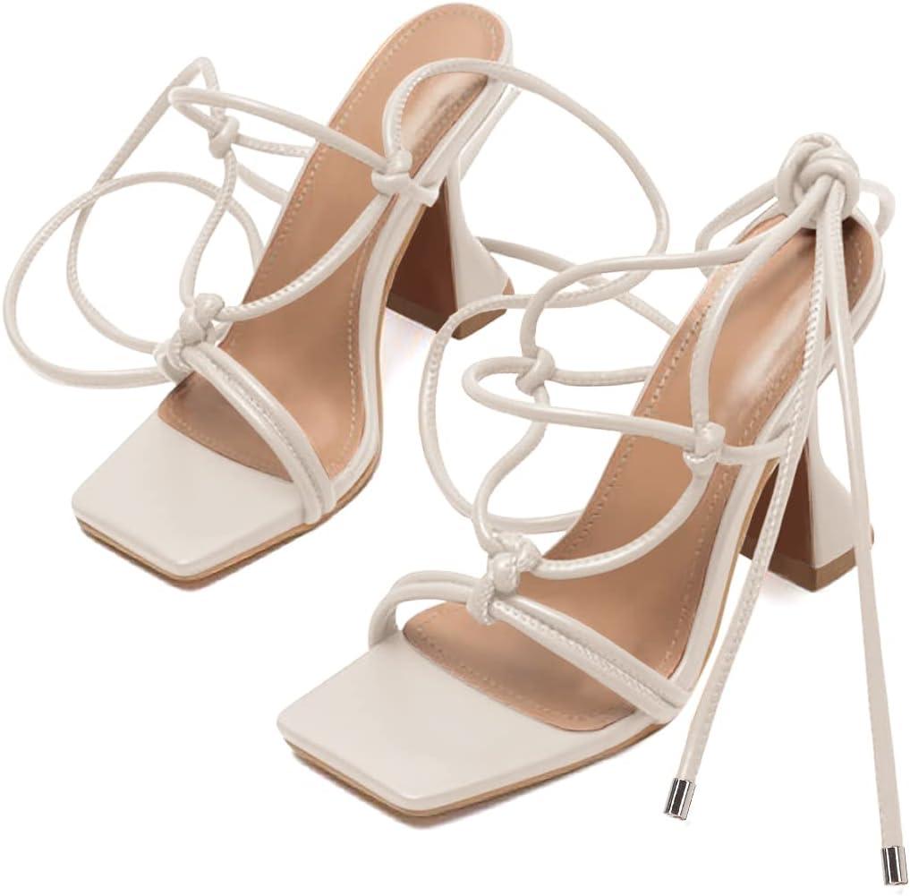 image:imageCoutgo Womens Lace Up Heels Gladiator Square Open Toe Dressy Stilettos Strappy Comfortable Summer Party ShoesWhite