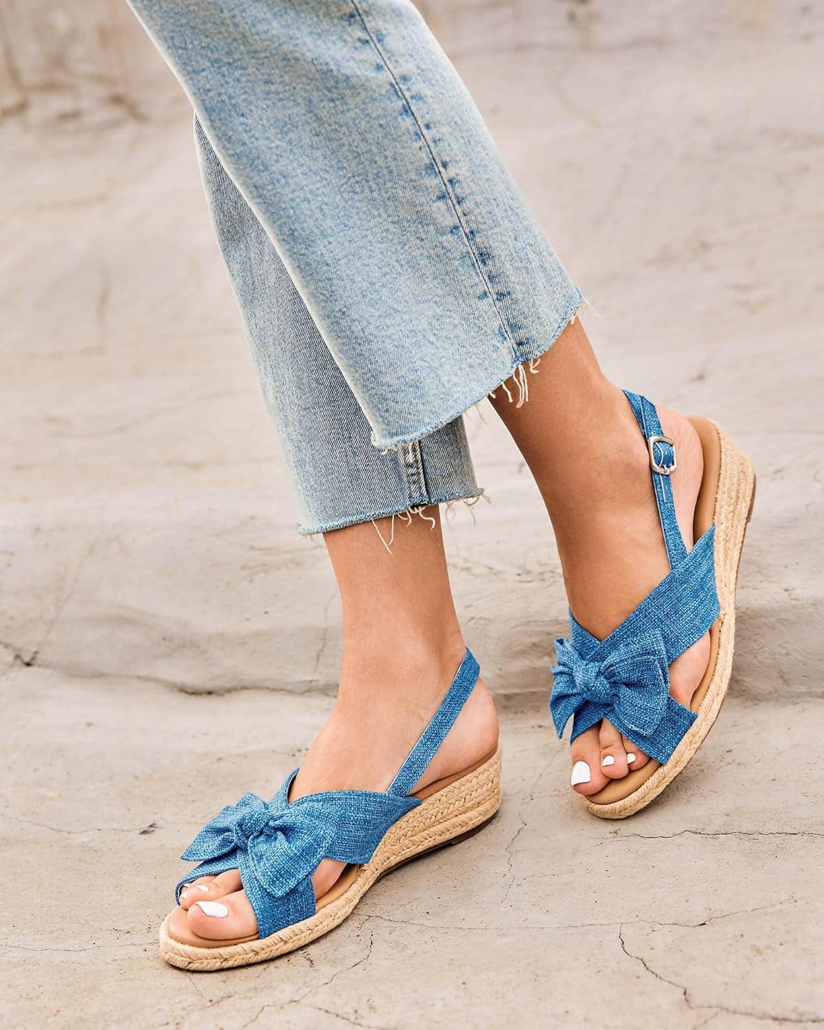 image:imageCoutgo Womens Platform Espadrille Wedge Sandals Slingback Bowknot Open Toe Casual Summer Dress Shoes Blue Size 10