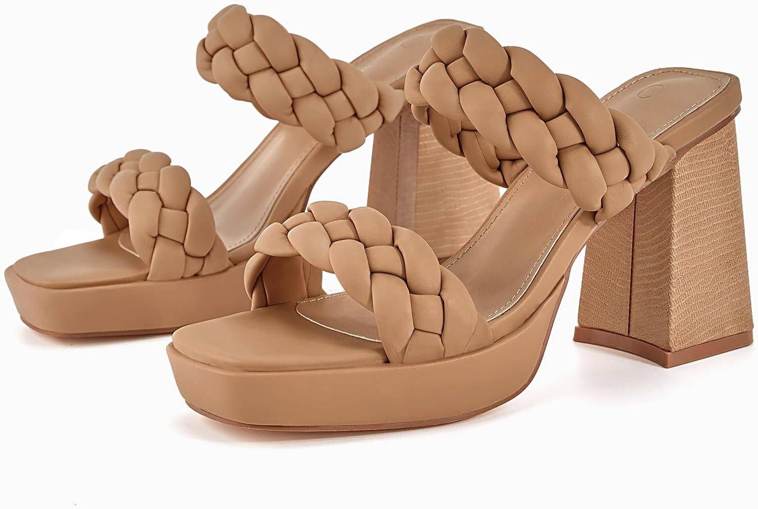 image:imageCoutgo Womens Platform Heels Chunky Heel Braided Heeled Sandals Slip on High Mules Party Summer Dress ShoesLight Brown