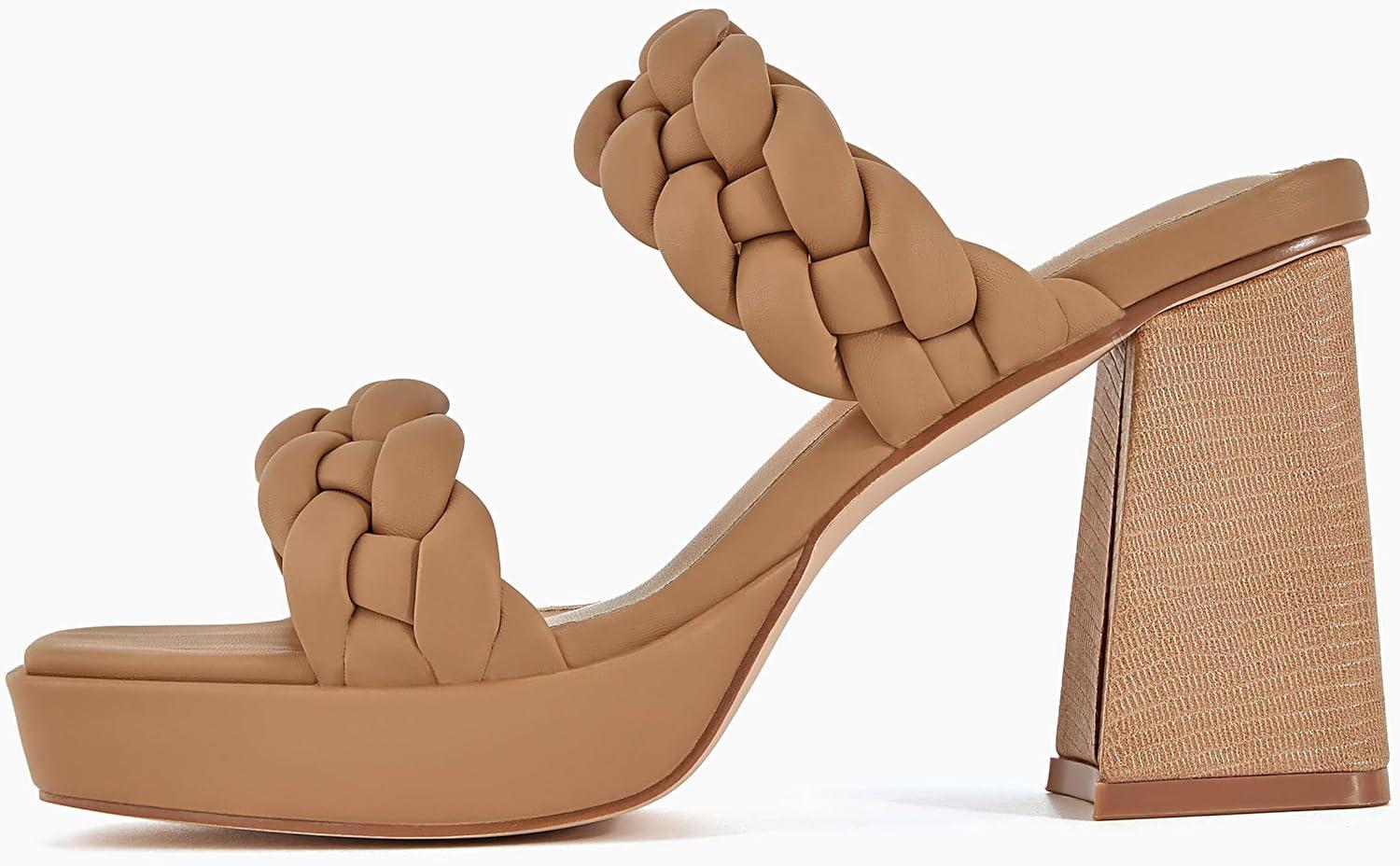 image:imageCoutgo Womens Platform Heels Chunky Heel Braided Heeled Sandals Slip on High Mules Party Summer Dress ShoesLight Brown
