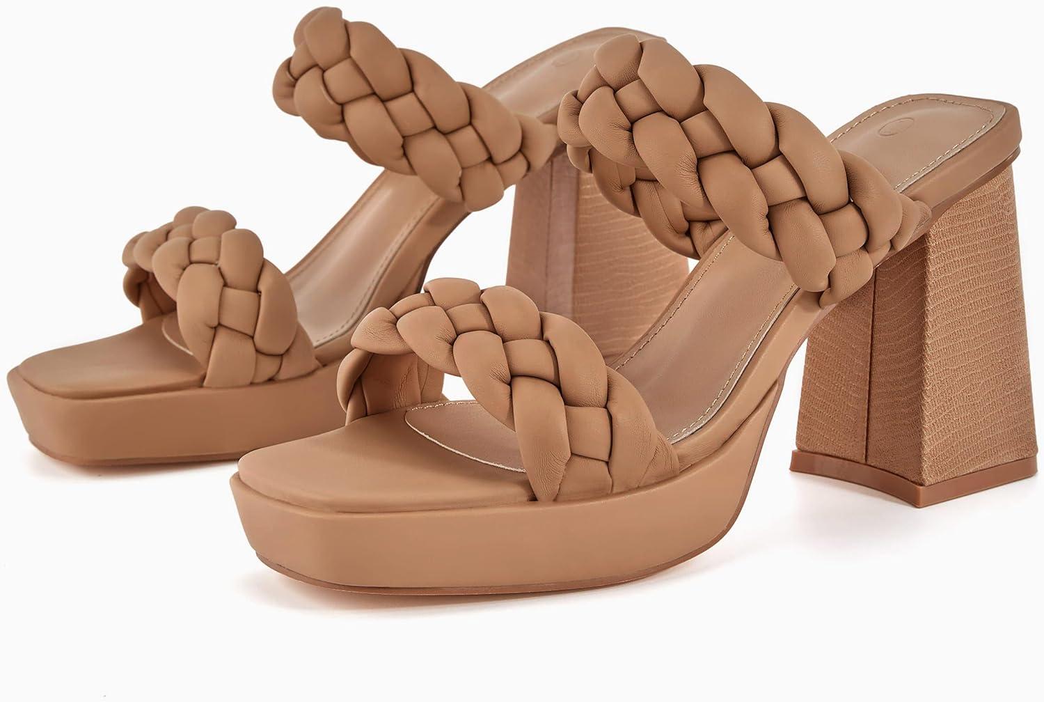 image:imageCoutgo Womens Platform Heels Chunky Heel Braided Heeled Sandals Slip on High Mules Party Summer Dress ShoesLight Coffee