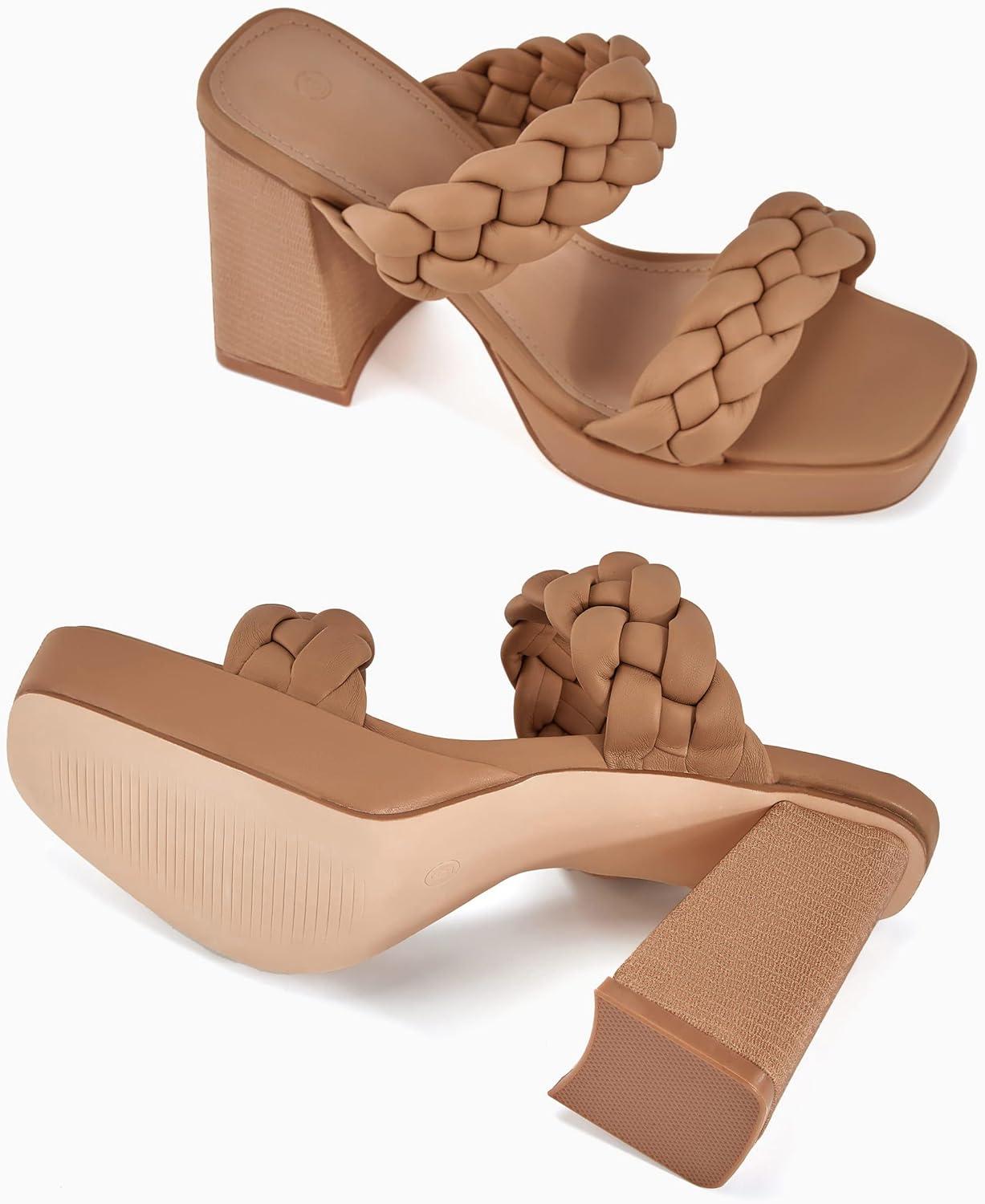 image:imageCoutgo Womens Platform Heels Chunky Heel Braided Heeled Sandals Slip on High Mules Party Summer Dress ShoesLight Coffee