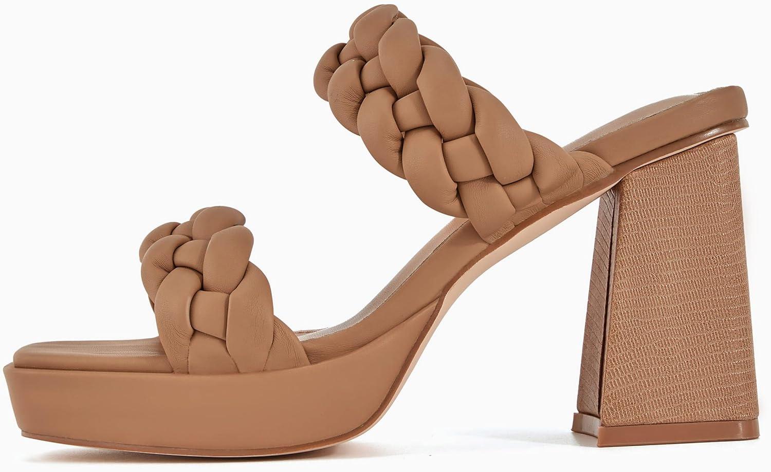 image:imageCoutgo Womens Platform Heels Chunky Heel Braided Heeled Sandals Slip on High Mules Party Summer Dress ShoesLight Coffee