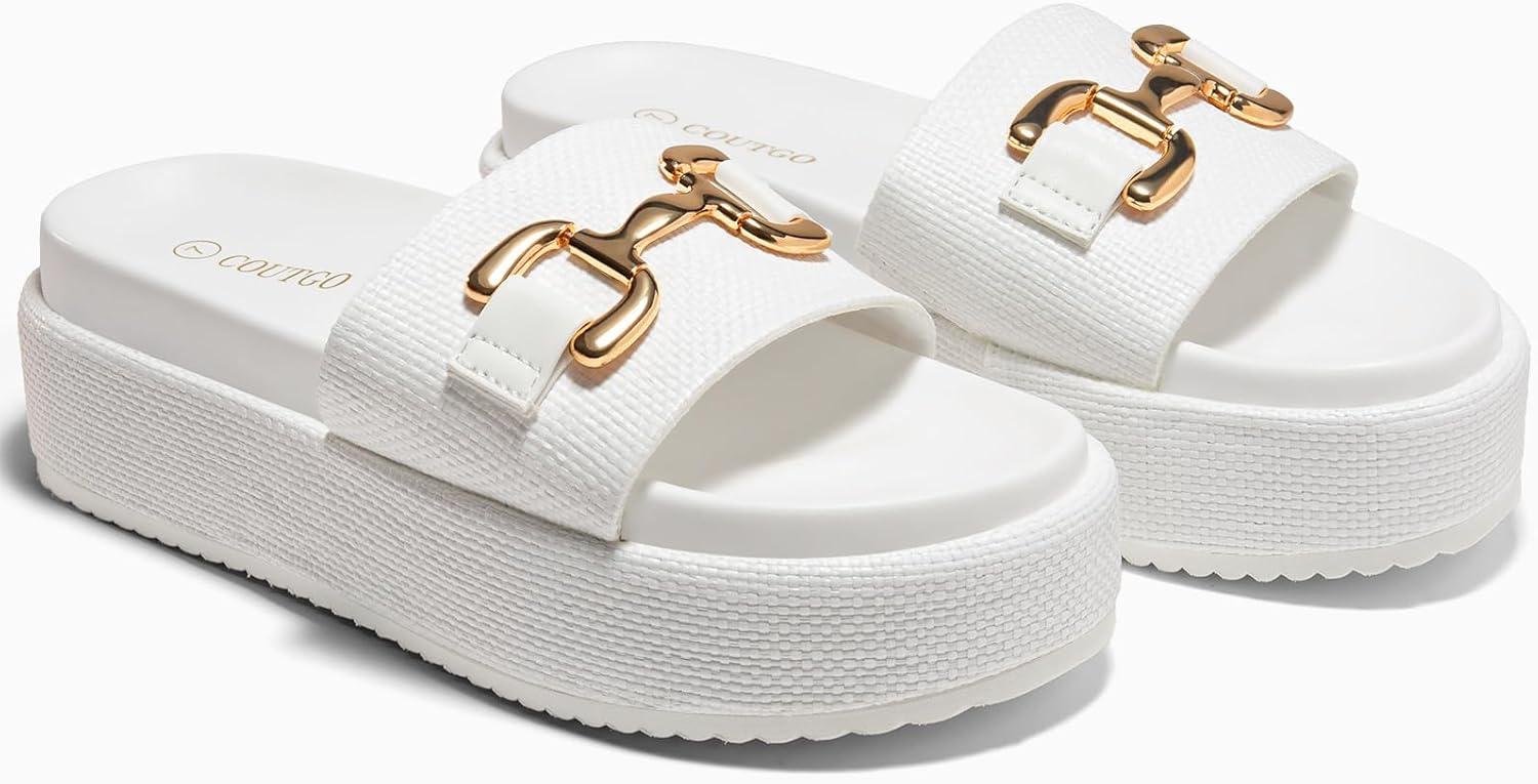 image:imageCoutgo Womens Platform Sandals Raffia Espadrilles Metal Chain Slip on Open Toe Cute Beach Slide Sandals White Size 9