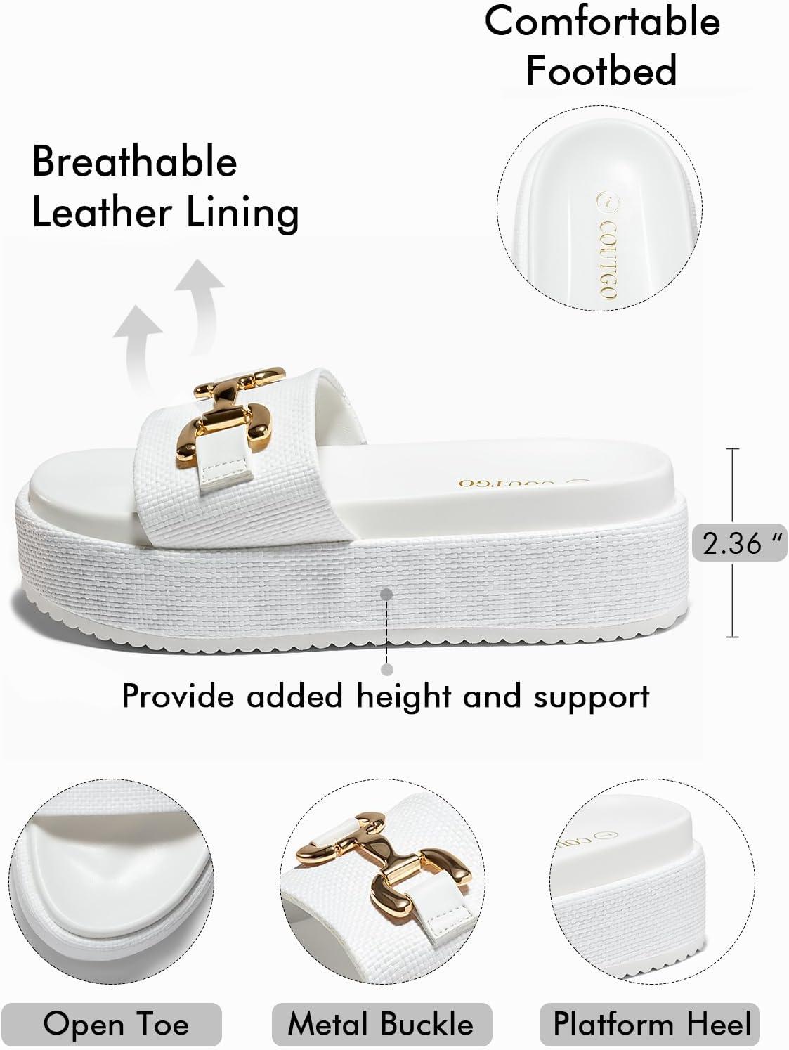 image:imageCoutgo Womens Platform Sandals Raffia Espadrilles Metal Chain Slip on Open Toe Cute Beach Slide Sandals White Size 9