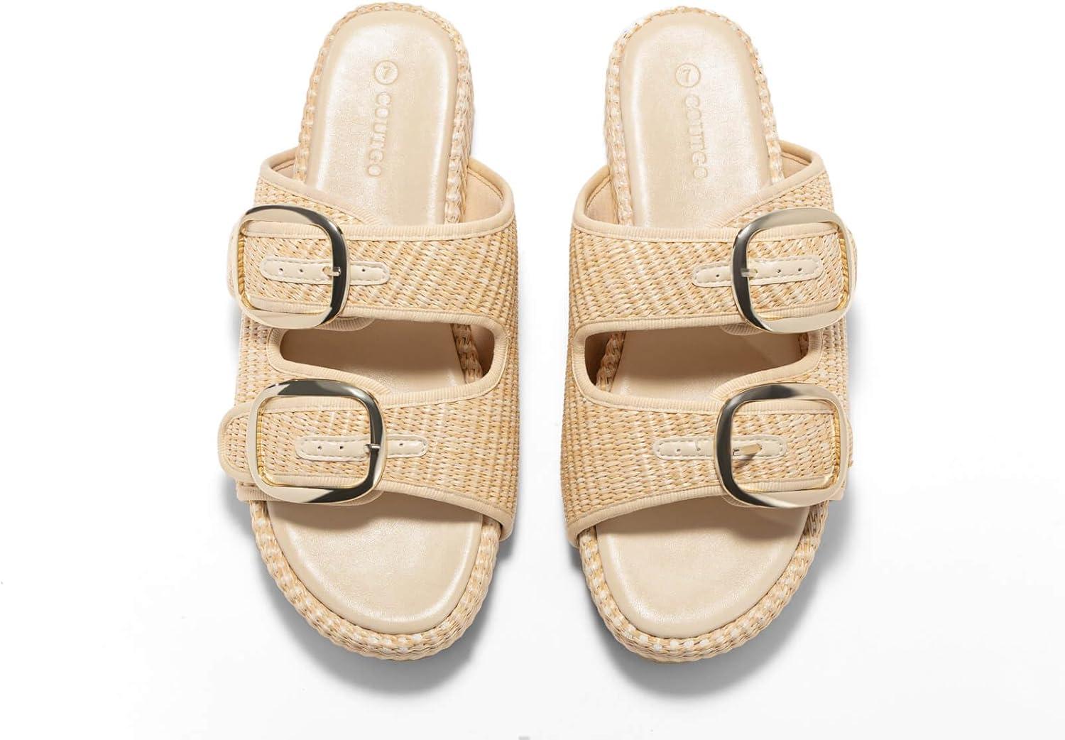 image:imageCoutgo Womens Platform Sandals Raffia Espadrilles Two Band Open Toe Slip On Slides Beach Vacation ShoesApricot