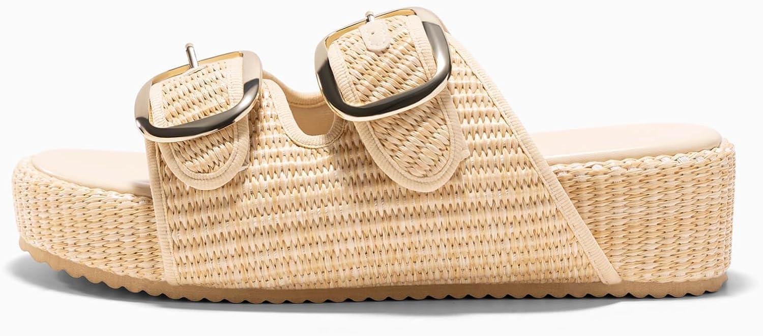 image:imageCoutgo Womens Platform Sandals Raffia Espadrilles Two Band Open Toe Slip On Slides Beach Vacation ShoesApricot