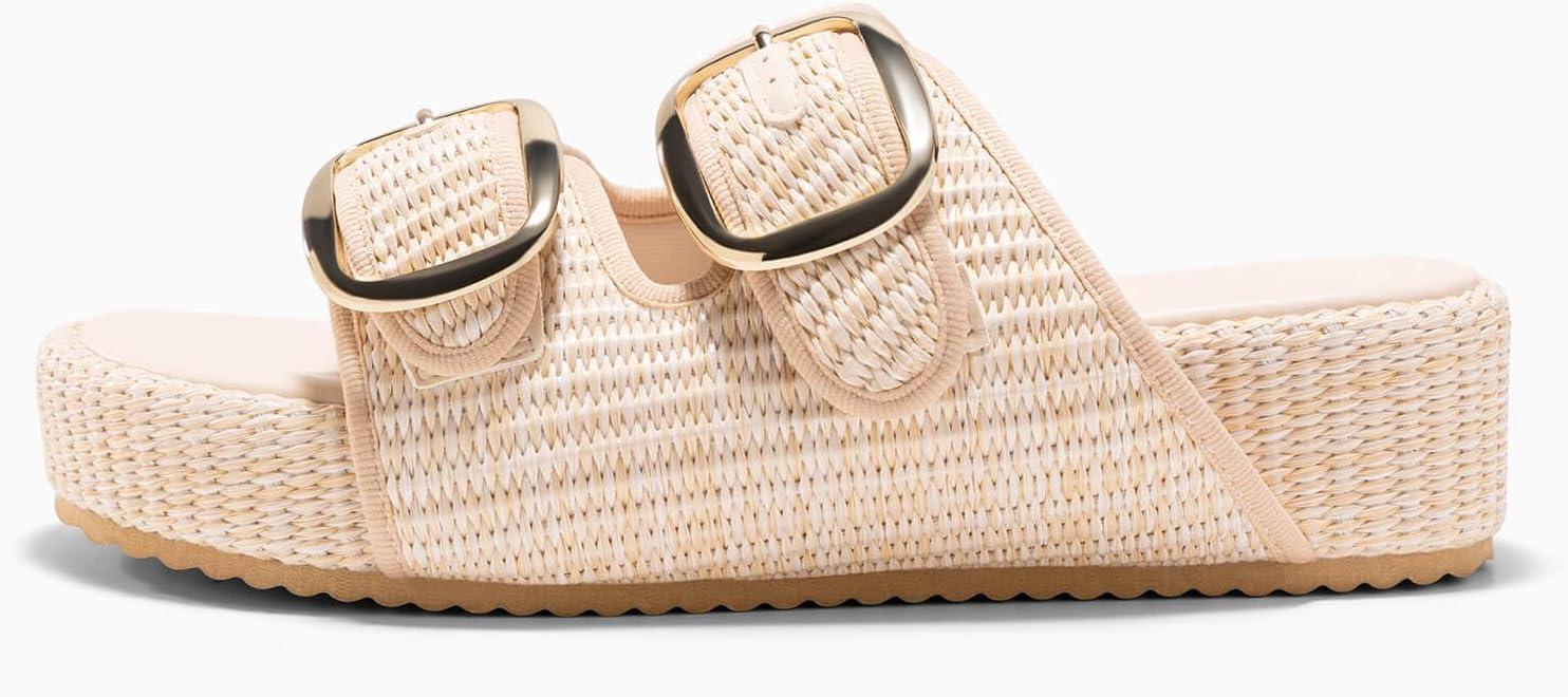 image:imageCoutgo Womens Platform Sandals Raffia Espadrilles Two Band Open Toe Slip On Slides Beach Vacation ShoesBeige